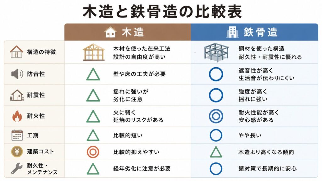 木造と鉄骨造の比較表