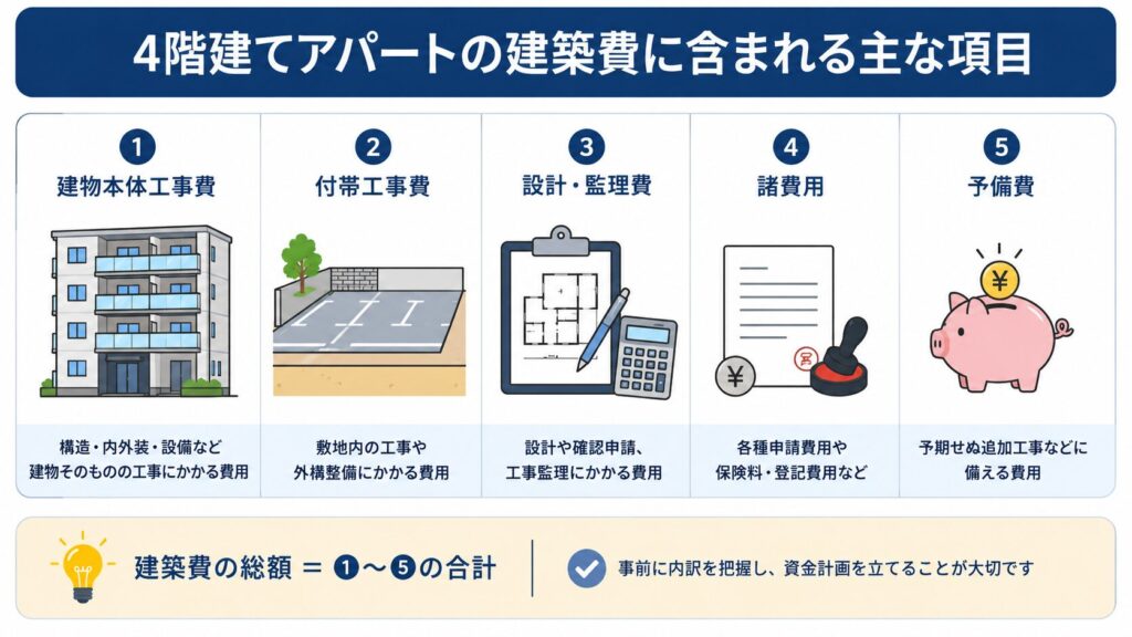 4階建てアパートの建築費に含まれる主な項目