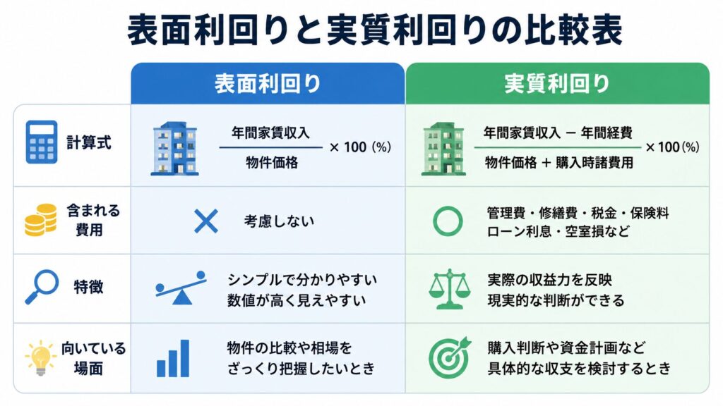 表無利回りと実質利回りの比較表