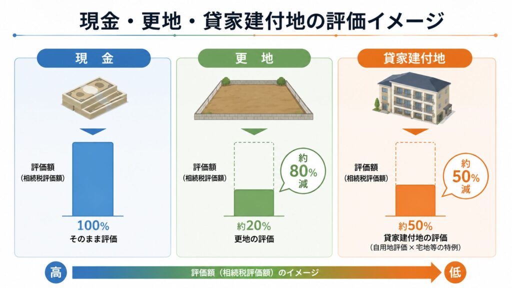 現金・更地・貸家建付地の評価イメージ