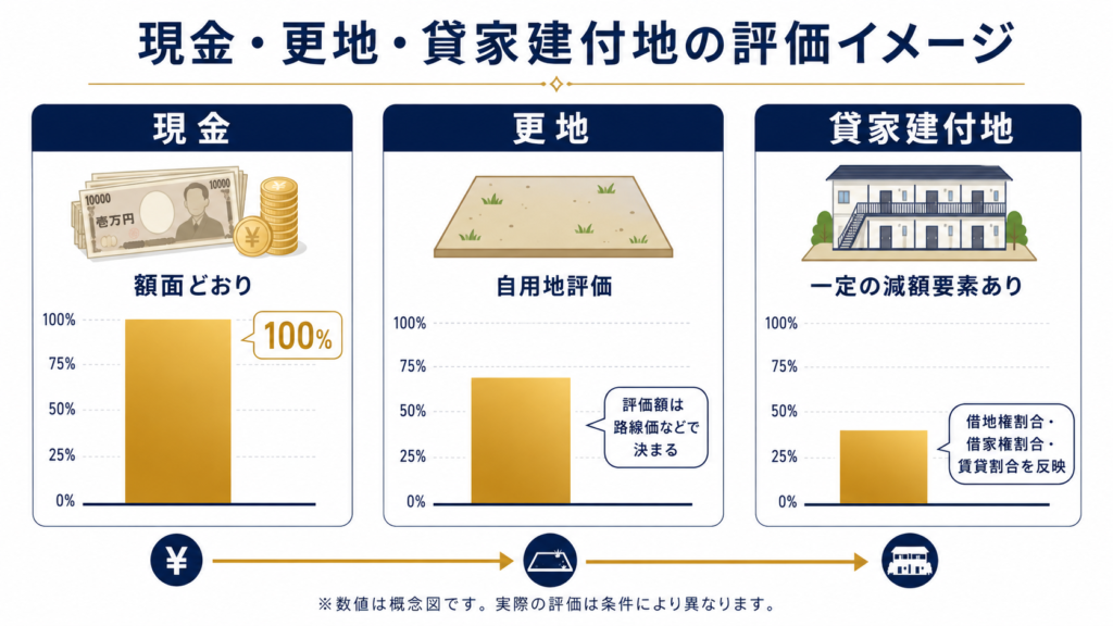 現金・更地・貸家建付地の評価イメージ