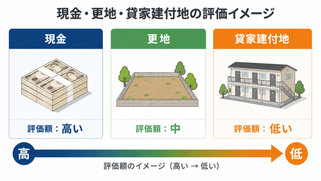 現金・更地・貸家建付地の評価イメージ